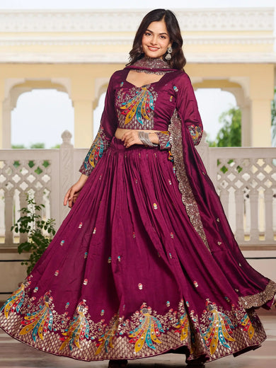 Attractive Wine Thread Embroidered Silk Lehenga Choli With Dupatta